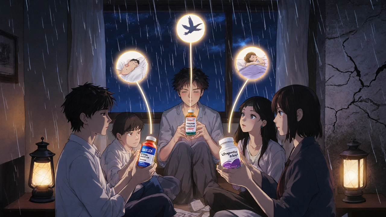 A group of people in a nighttime circle holding different quit-smoking and depression medications with symbolic icons.