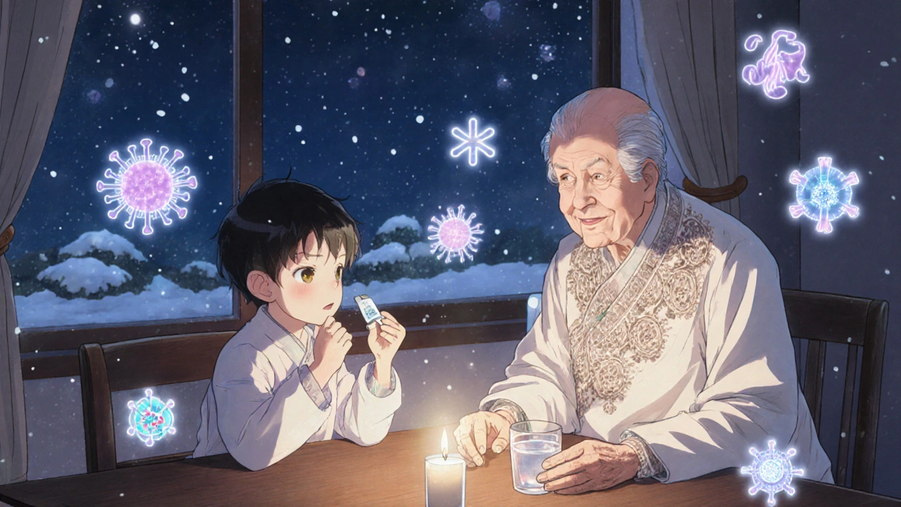 Child and grandparent taking Septilin together at night with glowing health symbols.