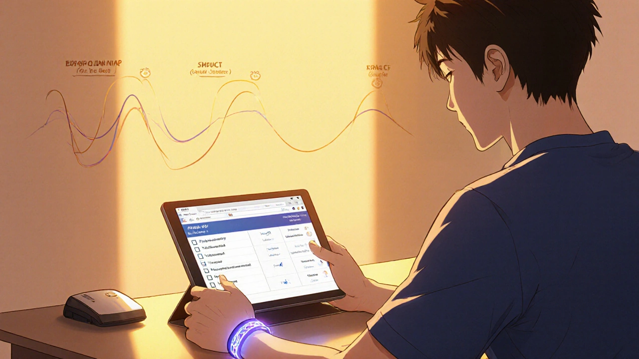 Coach and athlete reviewing a sleep questionnaire on a tablet, actigraphy wrist band, sunrise lighting.
