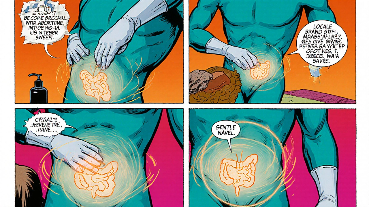 Comic‑style panels showing clockwise hand circles for abdominal massage.