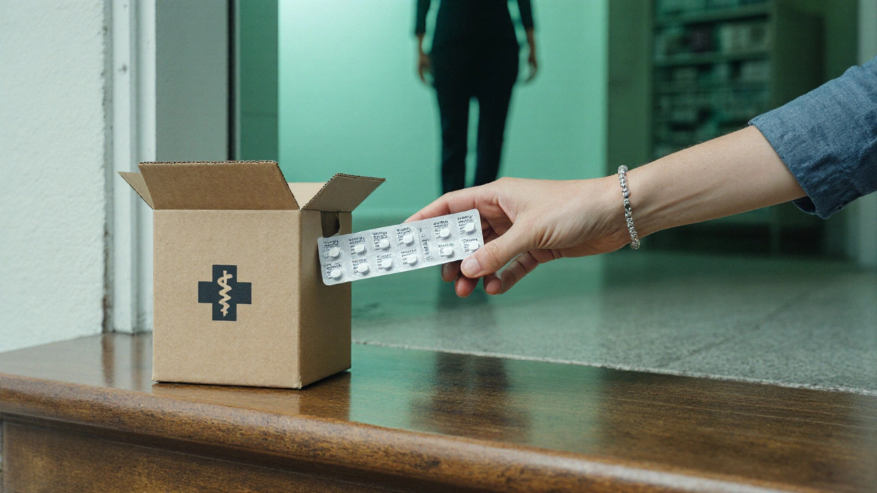 Delivered box opened to reveal a pack of generic azithromycin tablets on a doorstep.