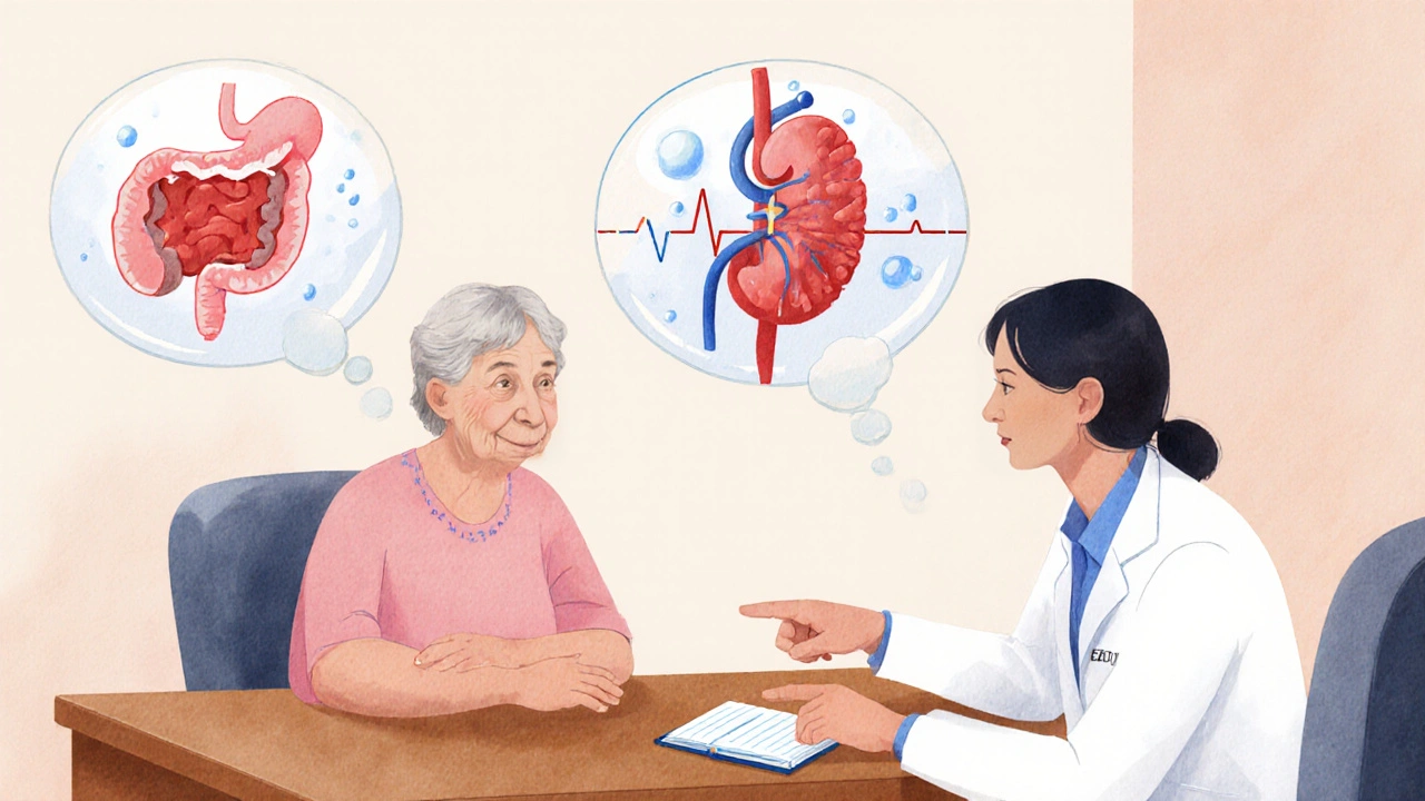 Doctor and patient discussing medication choice, surrounded by icons of stomach, kidney, and heart.