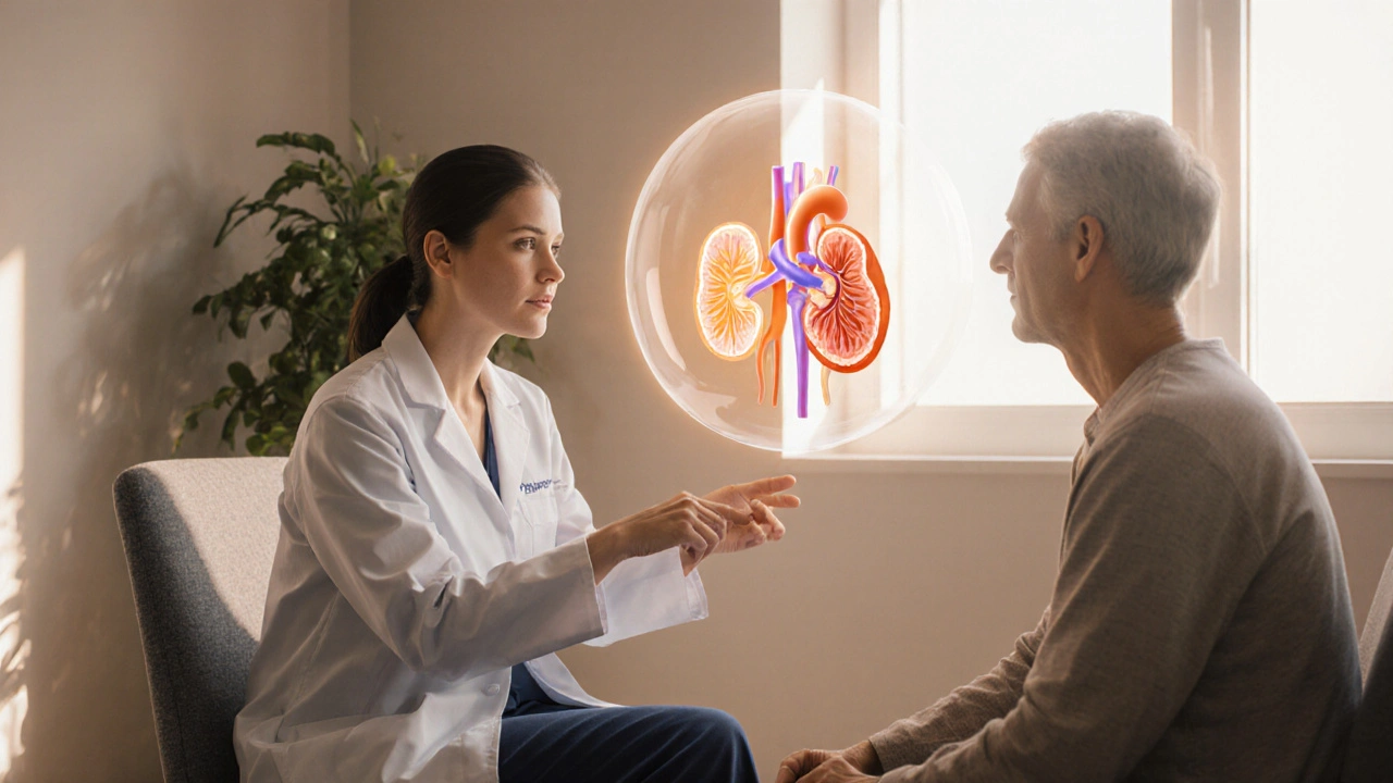 Doctor and patient discussing medication with glowing heart and kidney models in a warm clinic.