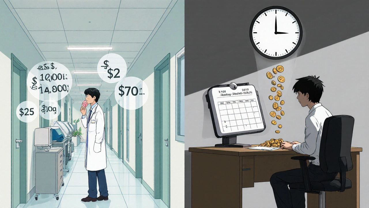 Doctor examines smoker while cost figures float; office worker looks at missed work days.
