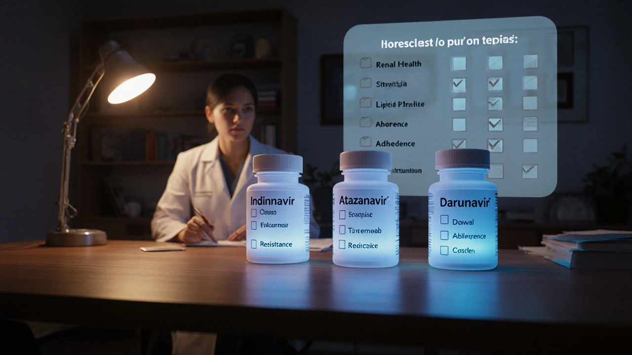 Doctor reviewing indinavir, atazanavir, and darunavir bottles with a checklist chart in the background.