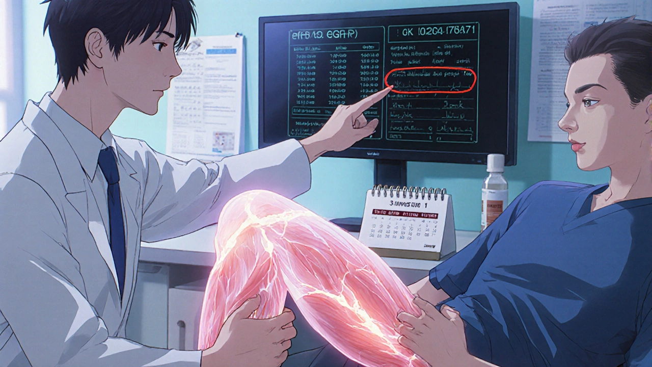 Doctor showing lab results to patient who is experiencing muscle pain, with medical monitor in background.