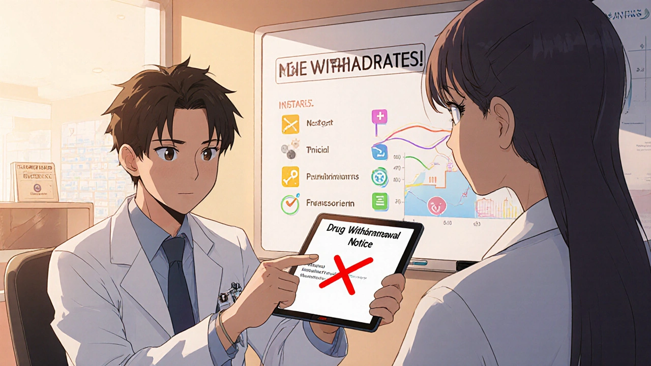 Doctor shows patient a tablet with a crossed‑out drug name and alternative therapy list in clinic.
