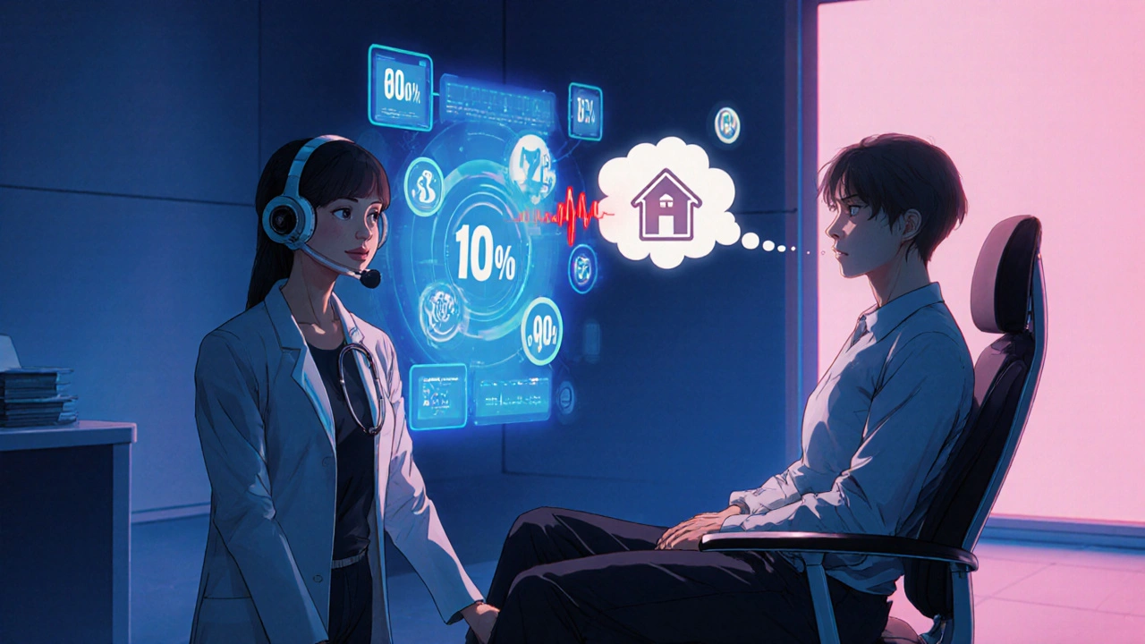 Doctor uses AI hologram to reveal a patient's hidden concern in a futuristic clinic setting.