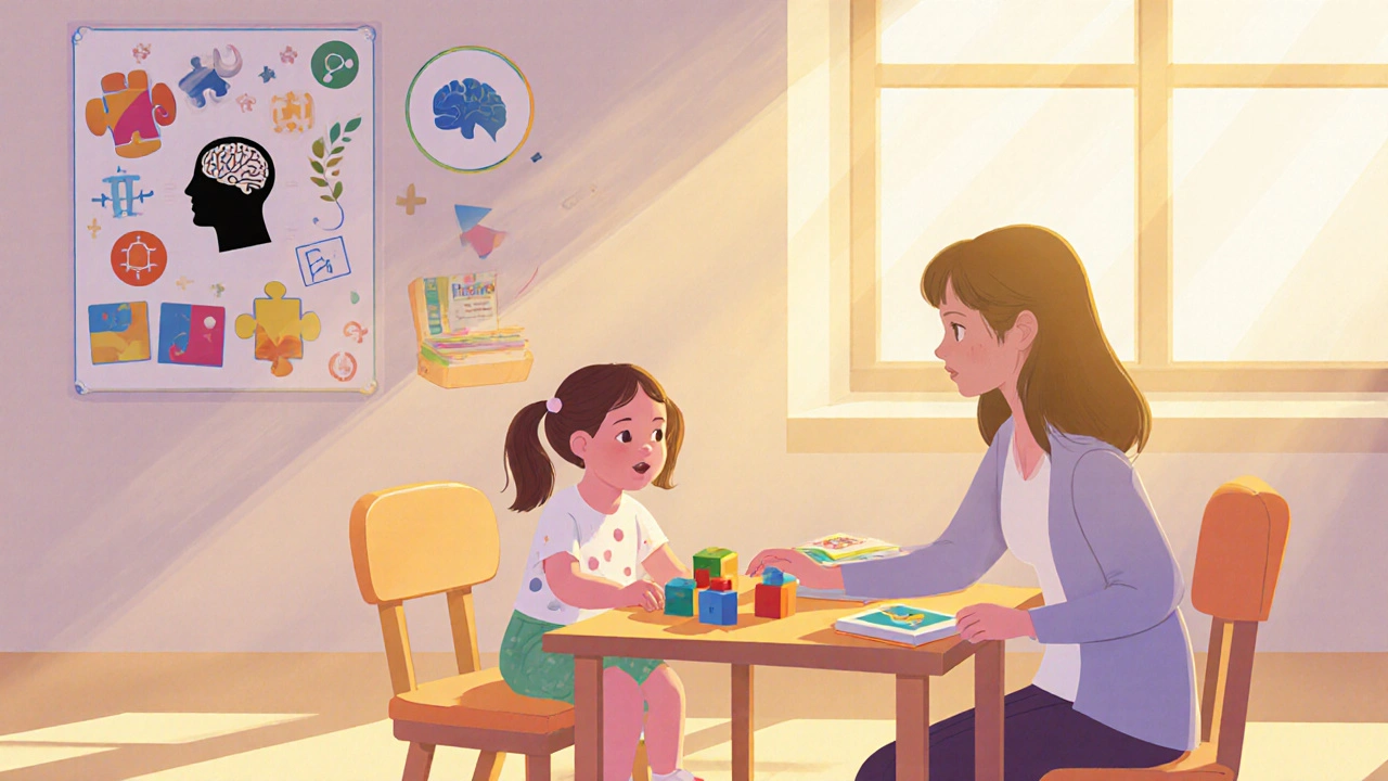 Early‑intervention classroom where a therapist helps a child with spina bifida learn.