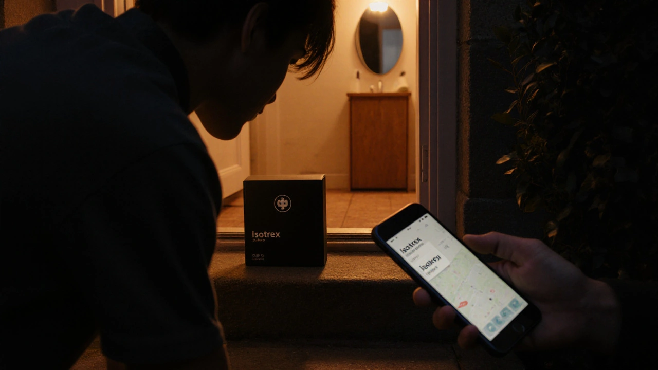 Evening doorstep with a discreet pharmacy parcel and a person picking it up, phone displaying tracking.