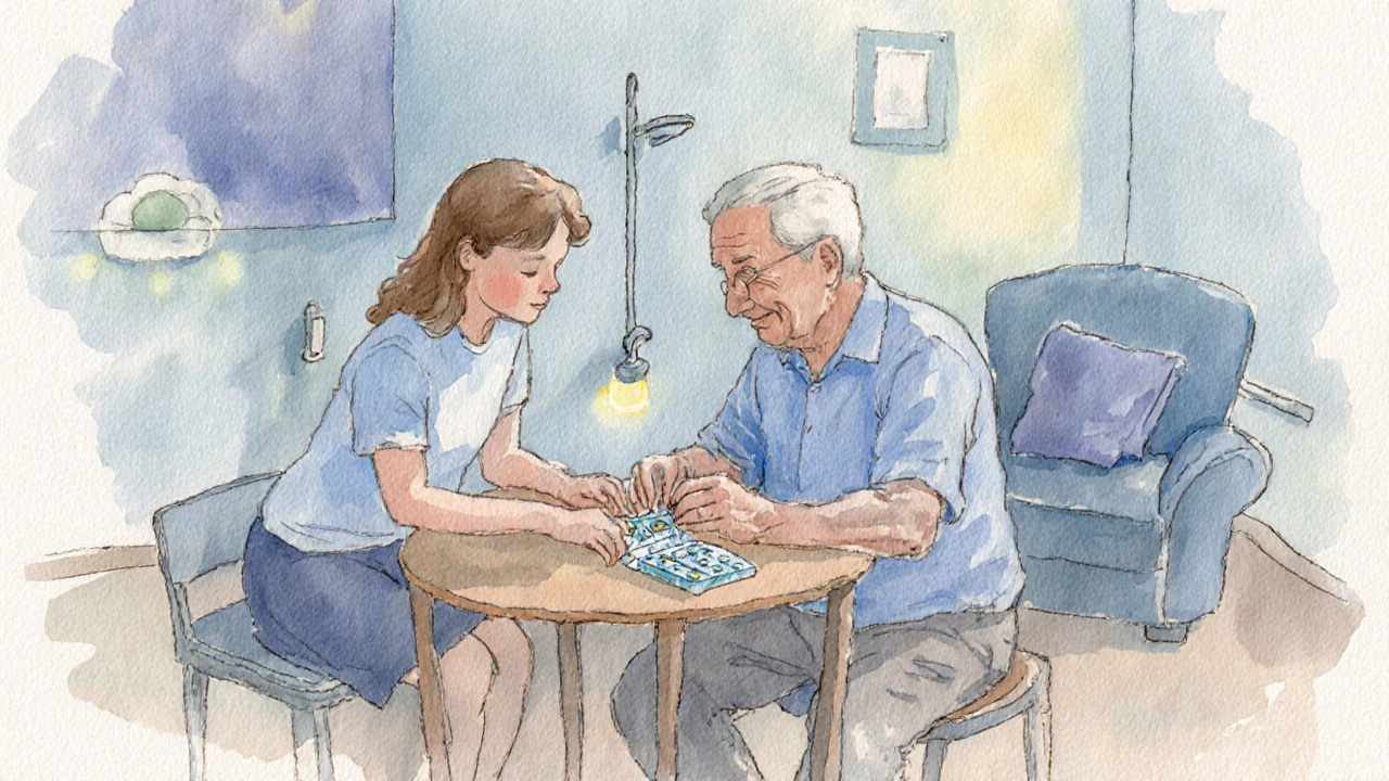 Family member helping an elderly man organize medication in a cozy living room with safety aids.