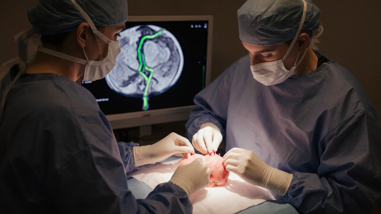 Fetal surgery scene with surgeons repairing a spinal defect under a translucent drape.