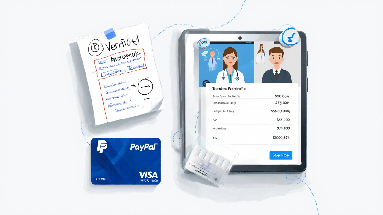 Flat lay of prescription note, telehealth call, price list, and credit‑card representing safe purchase steps.