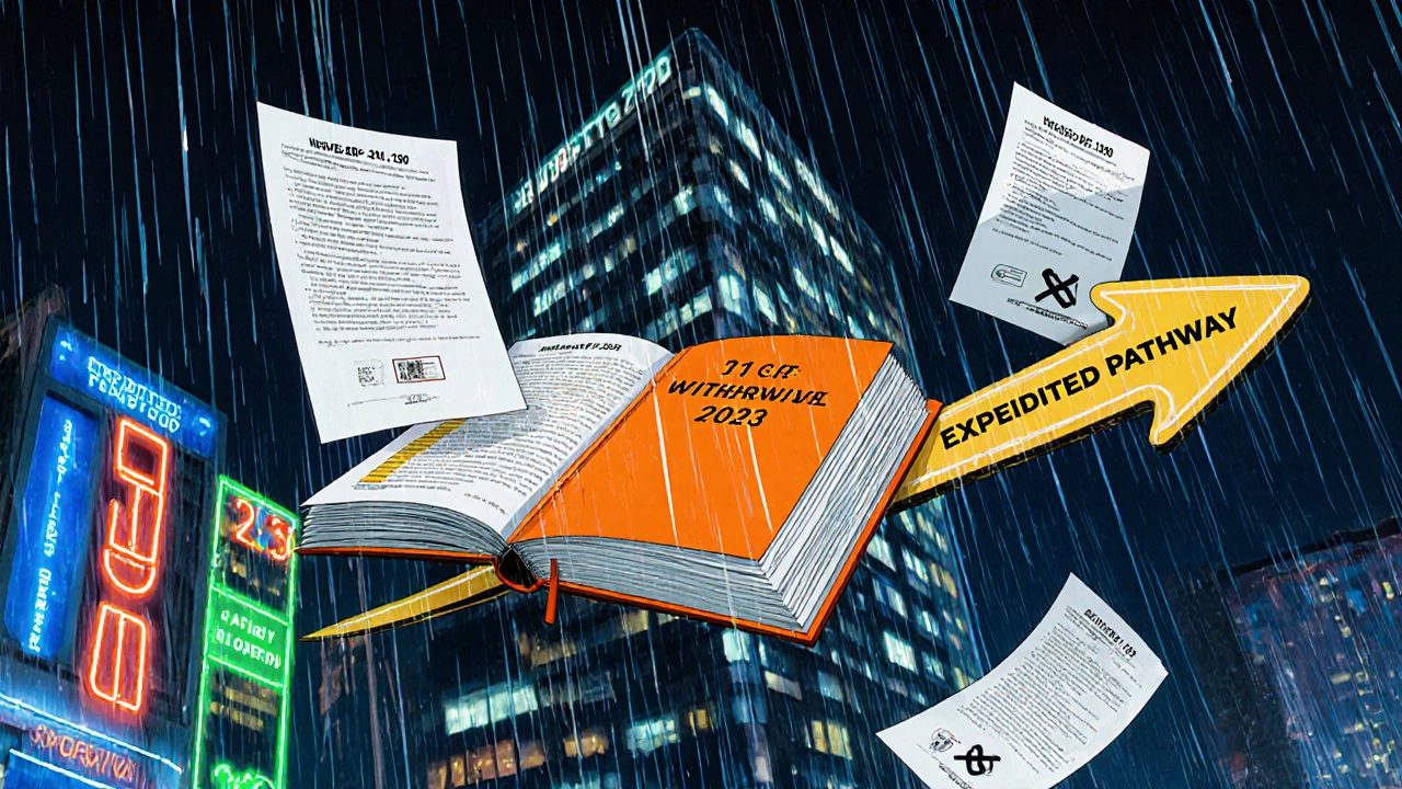 Floating Orange Book with turning pages and legal documents hover over FDA building at night.