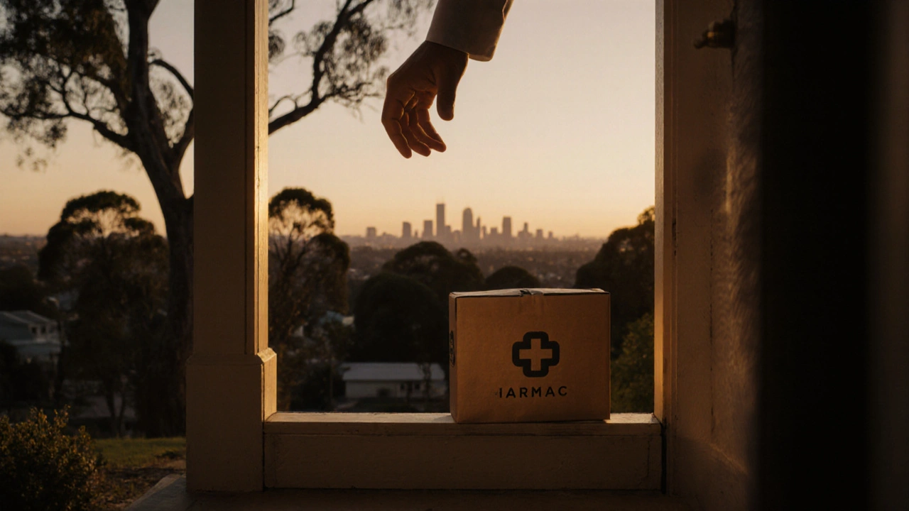Hand picking up a pharmacy parcel on a doorstep at dusk, conveying successful delivery.