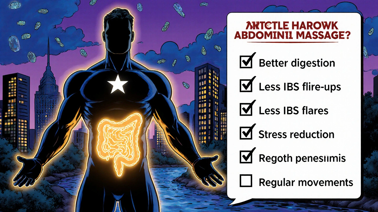 Hero with radiant abdomen illustrating long‑term digestion benefits at sunset.