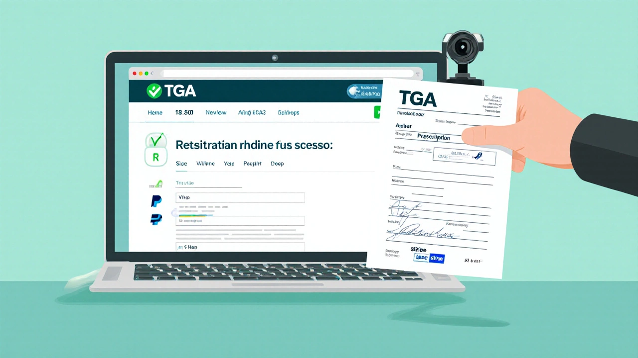 Laptop screen showing a trusted Australian pharmacy page with TGA number and prescription upload.