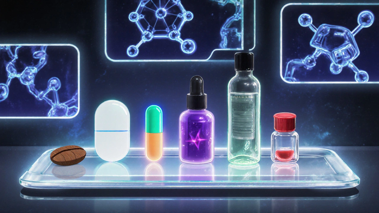 Line-up of various wakefulness pills on a lab tray with glowing auras.