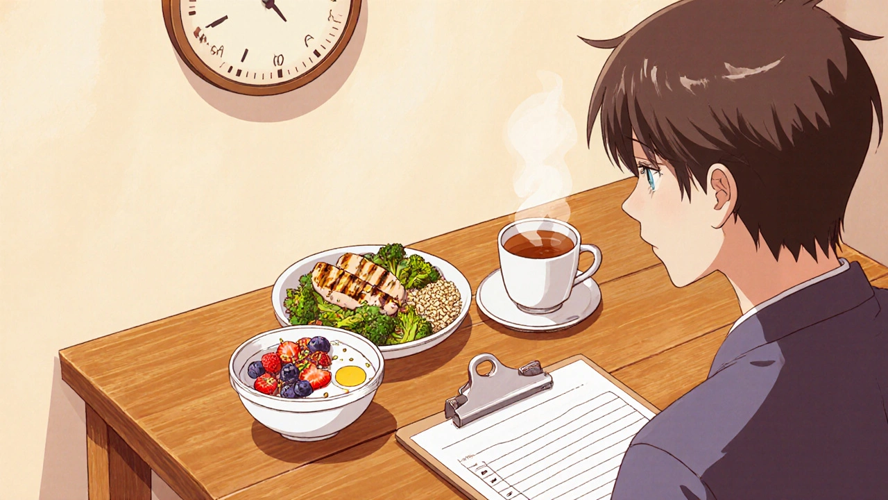 Manhua depiction of a balanced meal plan and medication log for fenticonazole therapy.