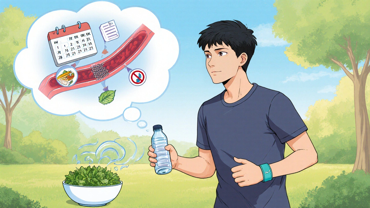 Manhua illustration of a patient practicing healthy habits while on blood thinners.