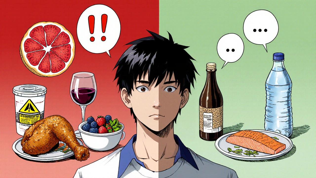 Manhua scene comparing foods to avoid and foods to support while taking fenticonazole.
