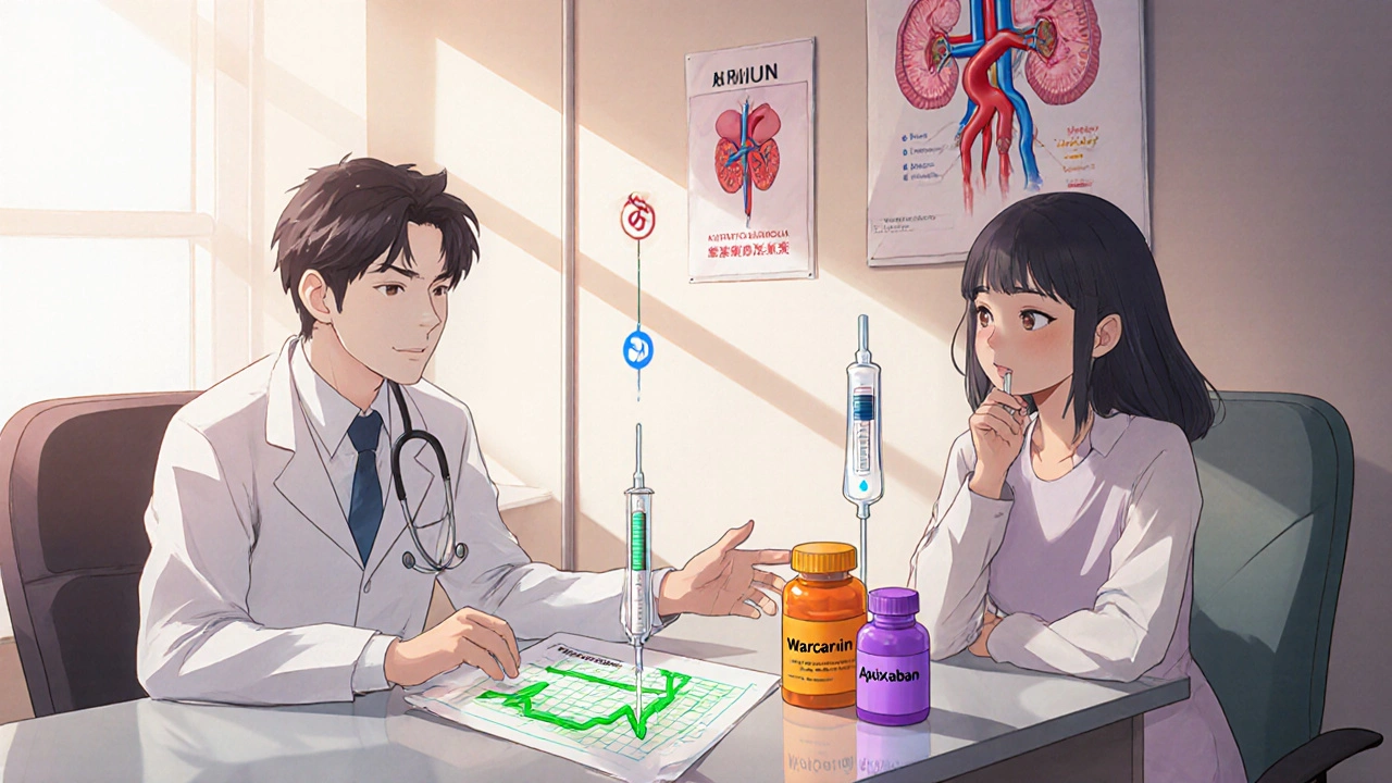 Manhua scene of doctor explaining anticoagulant options to a patient with charts.