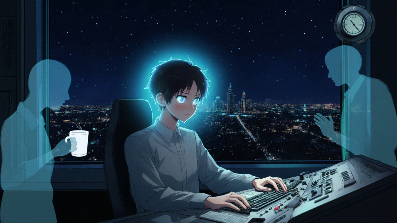 Night‑shift worker illuminated by a blue aura, typing confidently.