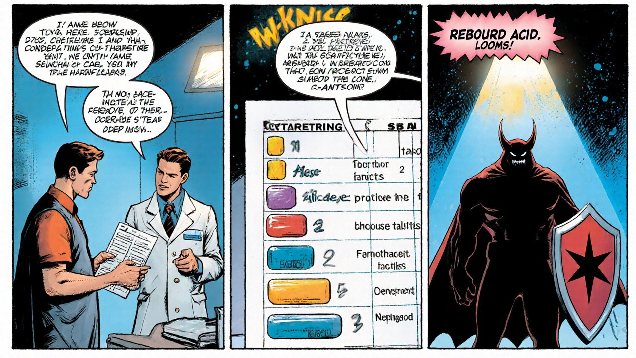 Patient and pharmacist hero discuss a checklist and tapering plan, avoiding rebound acid.