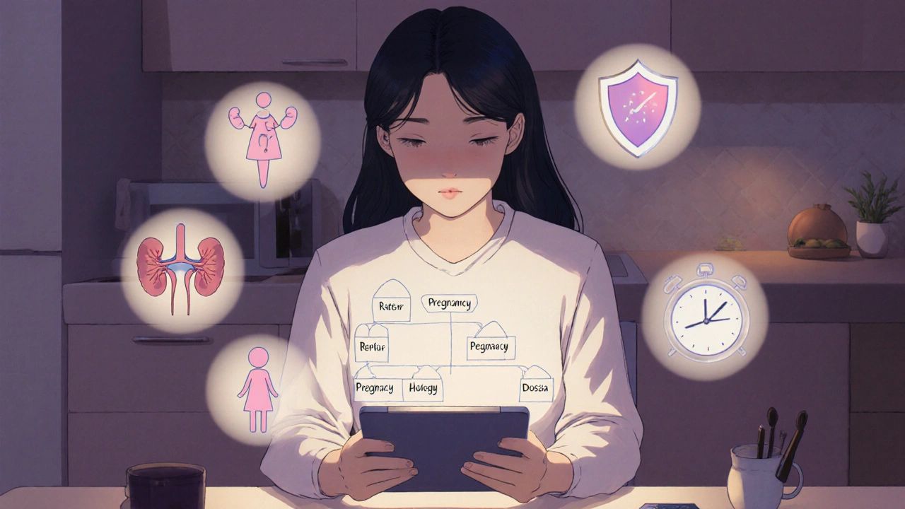 Patient weighing antibiotic factors, with floating icons for kidney, pregnancy, allergy, and dosing.