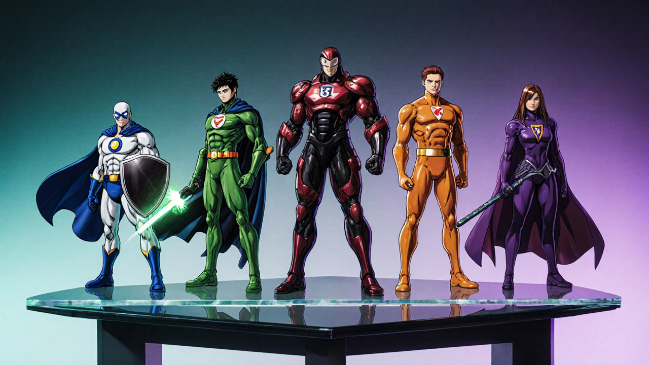 Personified antibiotics standing on a comparison table, each with distinct colors and accessories.