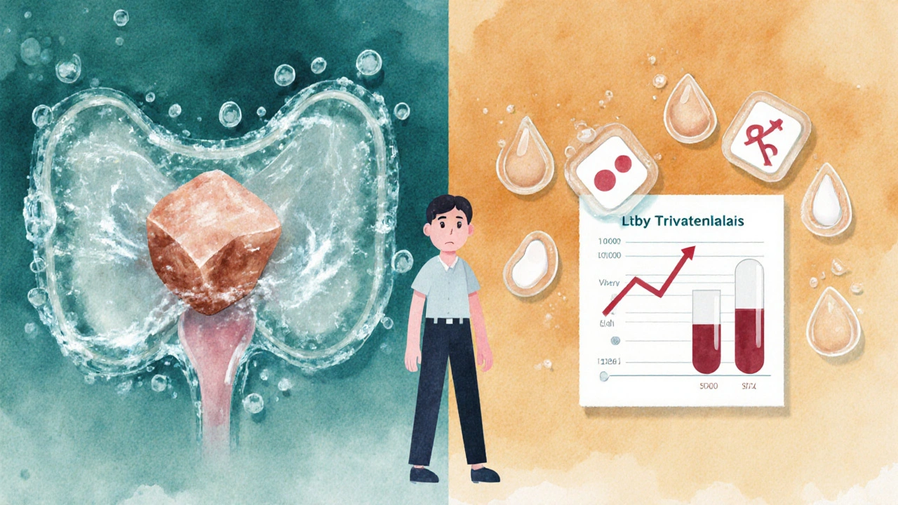 Split illustration: kidney stone in urinary tract on left, rising cholesterol symbols on right.