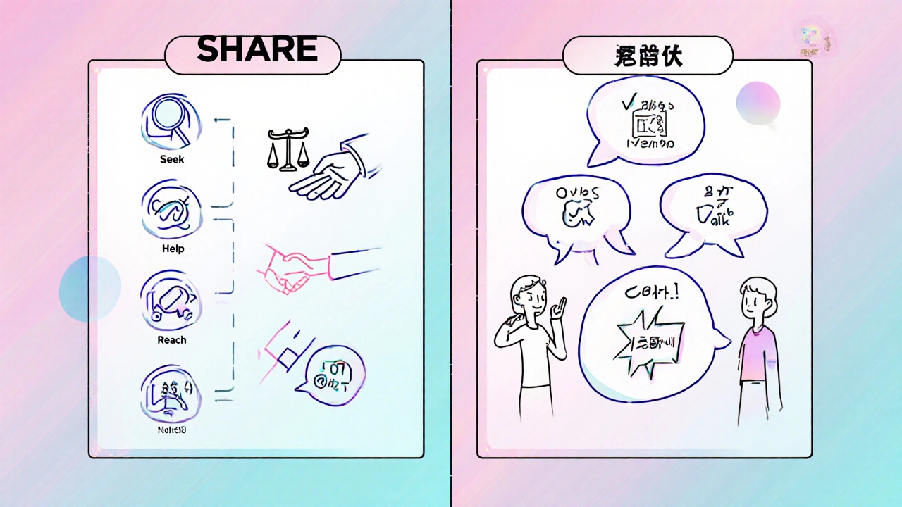 Split panel shows SHARE's five steps with icons versus Three‑Talk's three speech‑bubble stages.