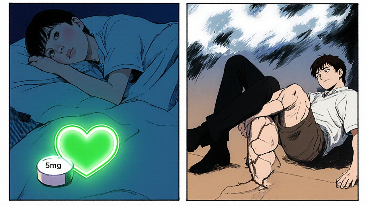 Split scene: peaceful patient on low dose vs. pained patient on high dose, symbolizing safety and risk.
