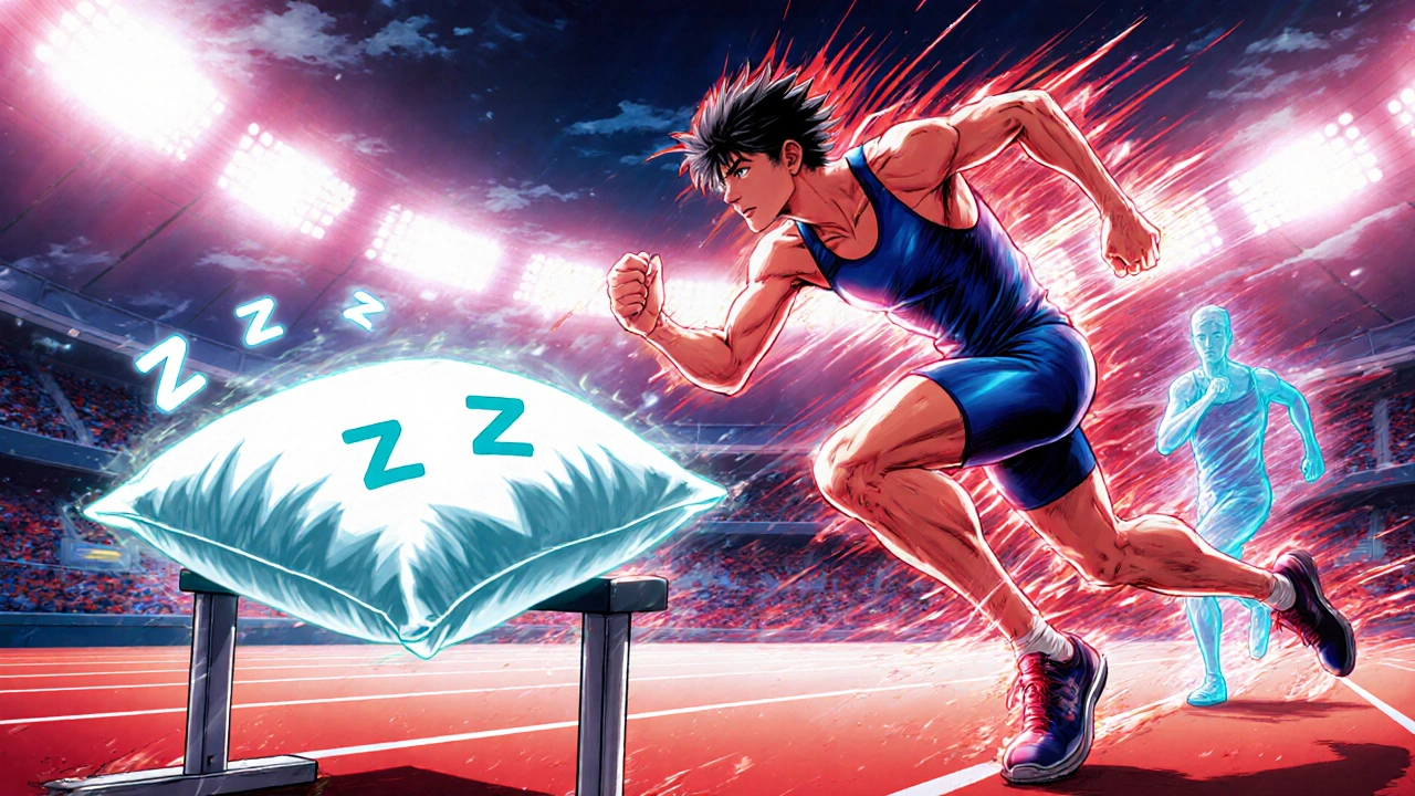 Sprinter blasting off the blocks on a bright track, motion lines, ghost of slower self, glowing pillow with Z's.