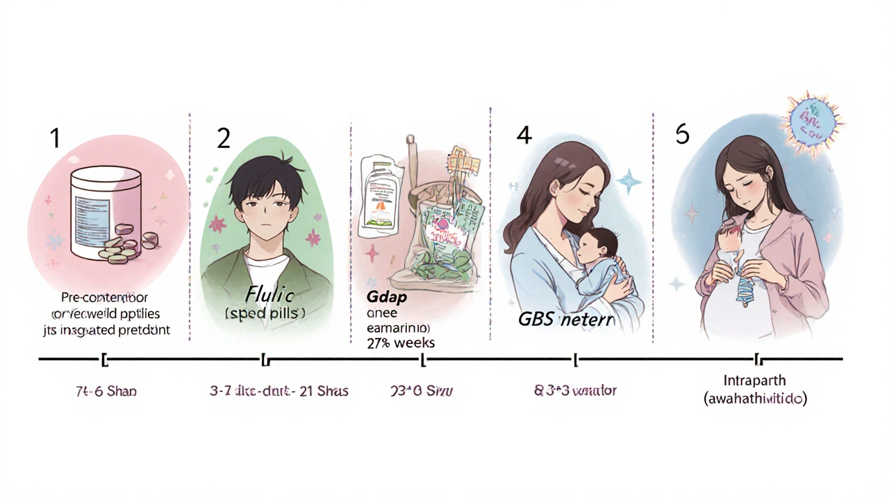 Storyboard showing key prophylactic steps from pre‑conception to newborn care.