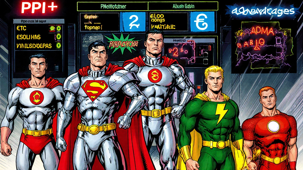 Team of PPI superhero characters with sidekick H₂‑blockers, showing costs and benefits.