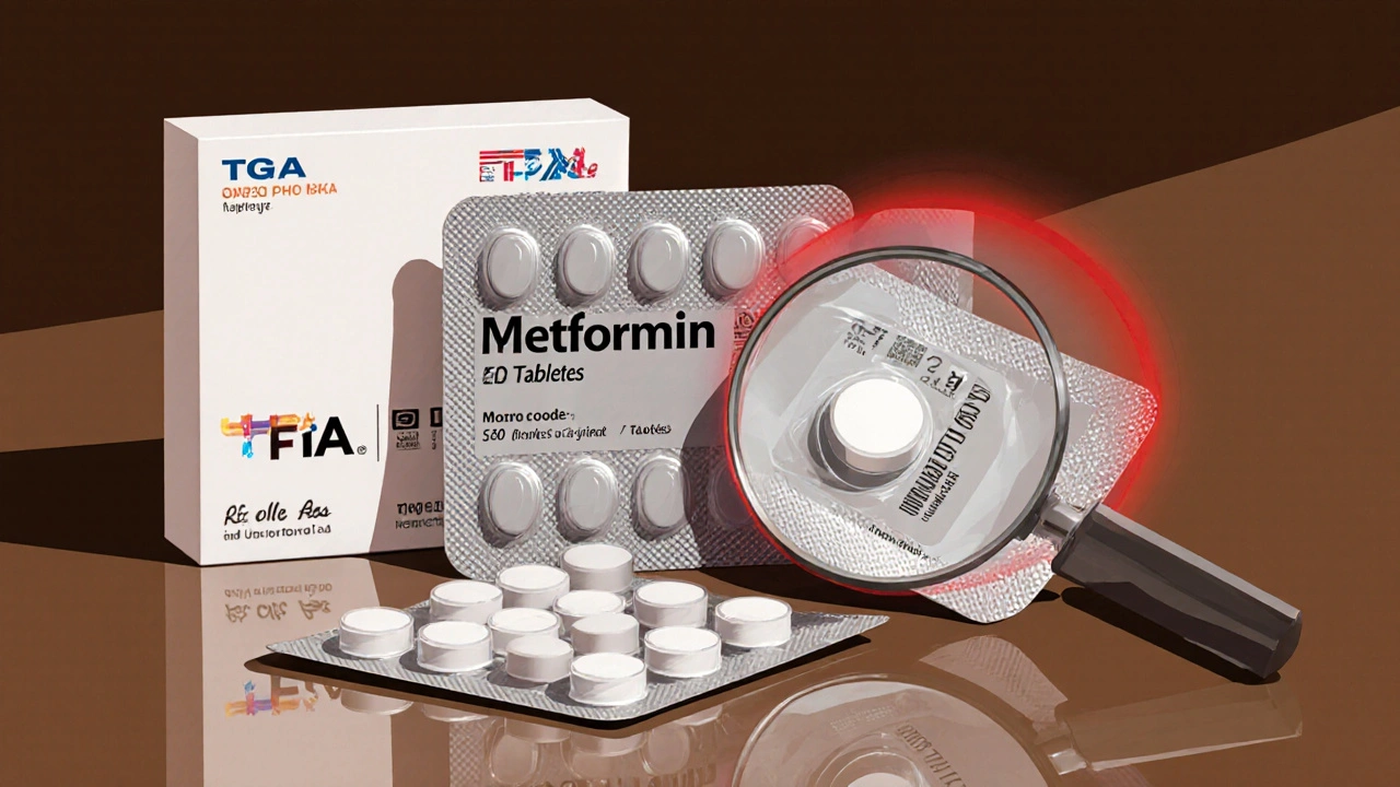 Three Metformin tablets in different packaging, highlighting a counterfeit risk.
