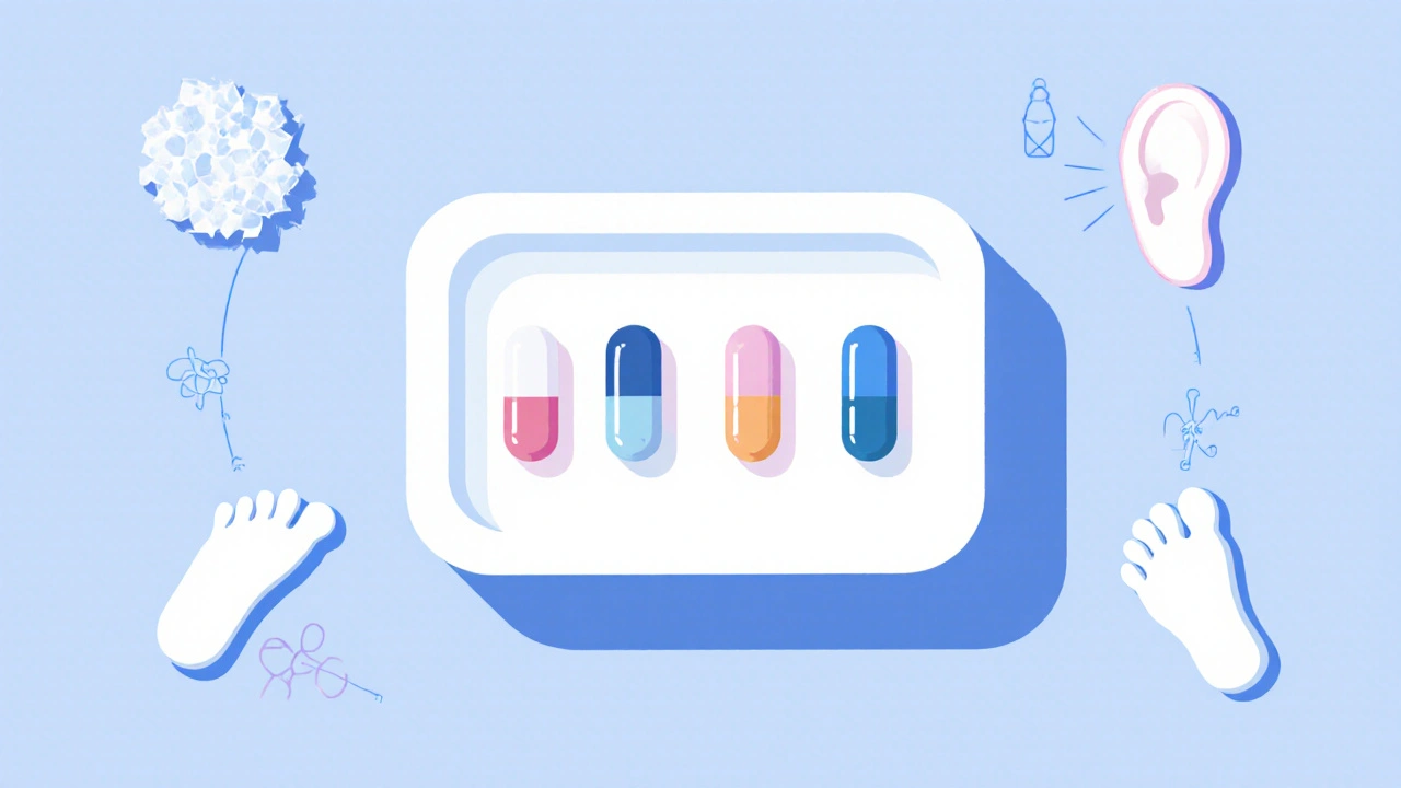 Top‑down view of six colorful pill capsules with subtle icons for potassium, gout, ear, and calcium.