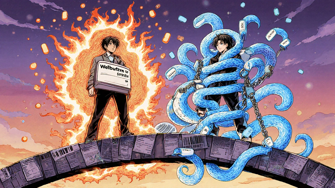 Two stylized figures representing Wellbutrin SR and SSRIs in a mental landscape with contrasting symbols of side effects.