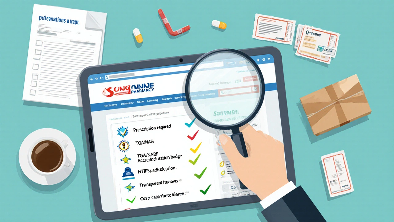 Workspace with tablet showing pharmacy checklist and a hand holding a magnifying glass.