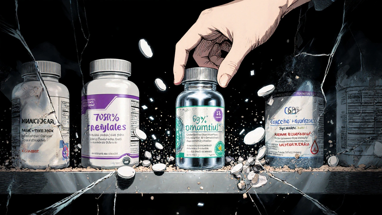 A broken pharmacy shelf with only one safe milk thistle bottle visible, others contaminated in anime style.