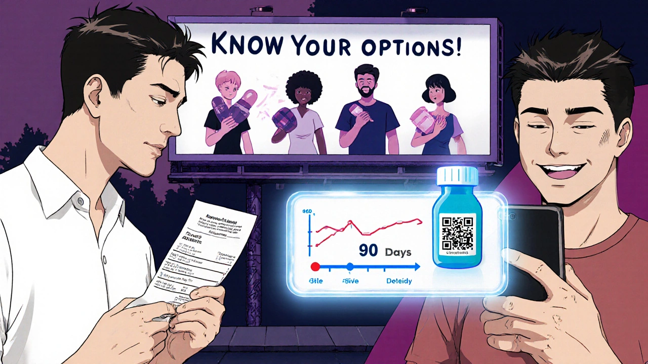 A man scans a QR code on a generic medicine bottle, watching an FDA video while a health graph rises over 90 days.