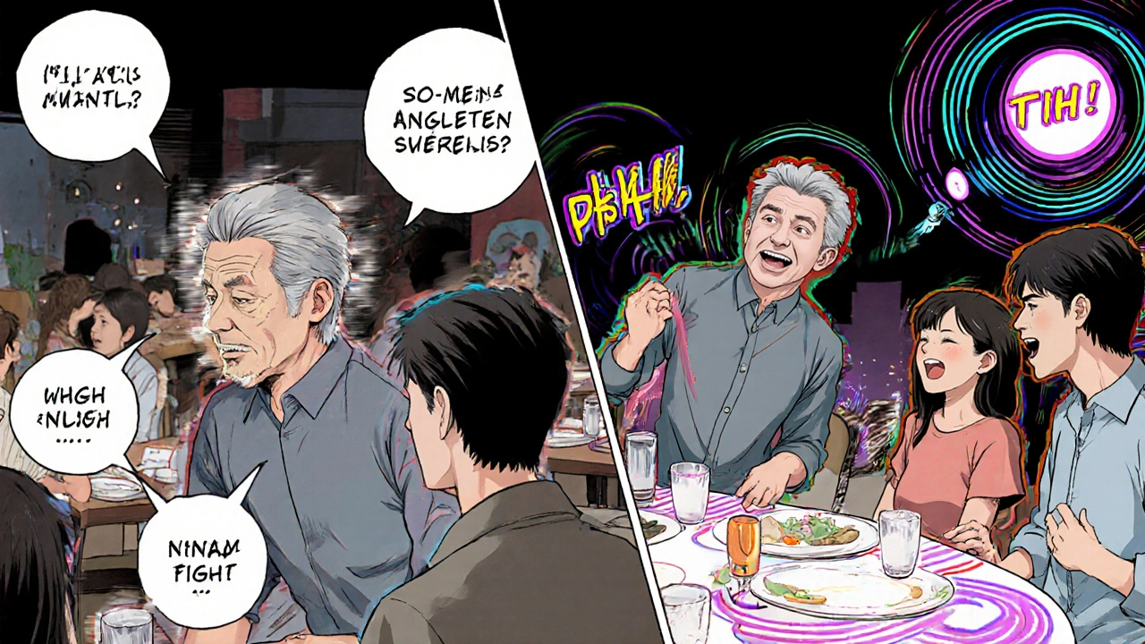 A man struggles to hear in a noisy restaurant, then laughs with family after receiving a cochlear implant.