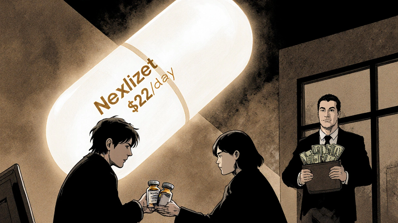 A pharmacist hands generic pills to a patient as a giant branded combo pill looms in the background.