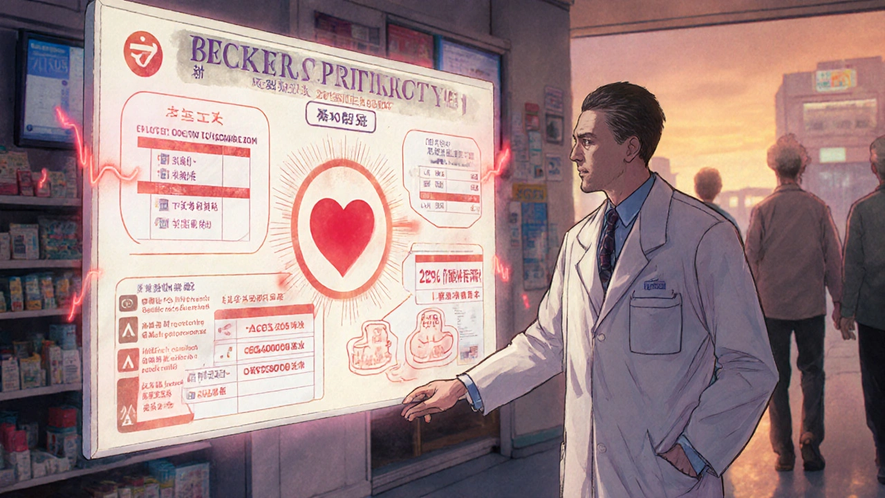 A pharmacist in a hospital pharmacy standing beside a glowing chart of the Beers Criteria, helping elderly patients receive safer prescriptions.