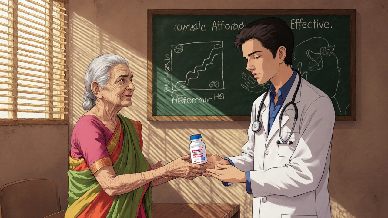A rural Indian doctor gives a generic diabetes pill to an elderly patient in a simple clinic.