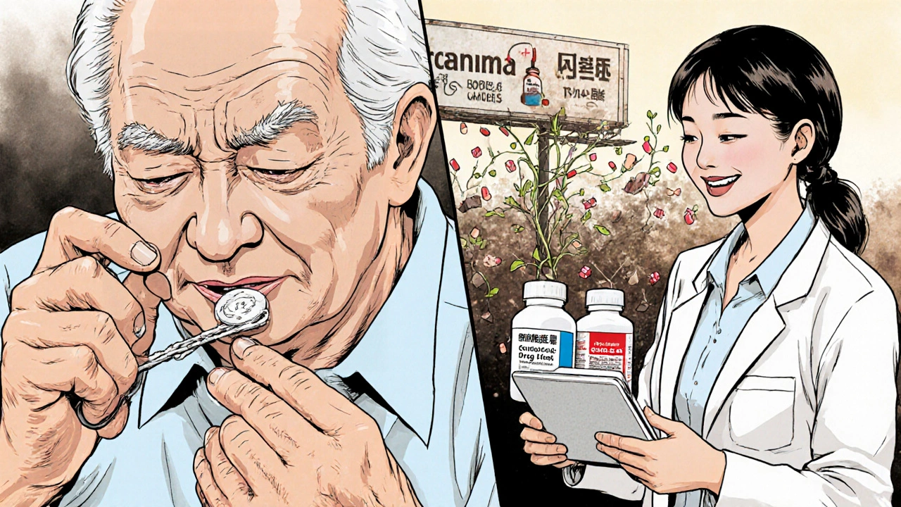 A senior splits a combo pill on one side, smiles with generics on the other, under a fading corporate billboard.