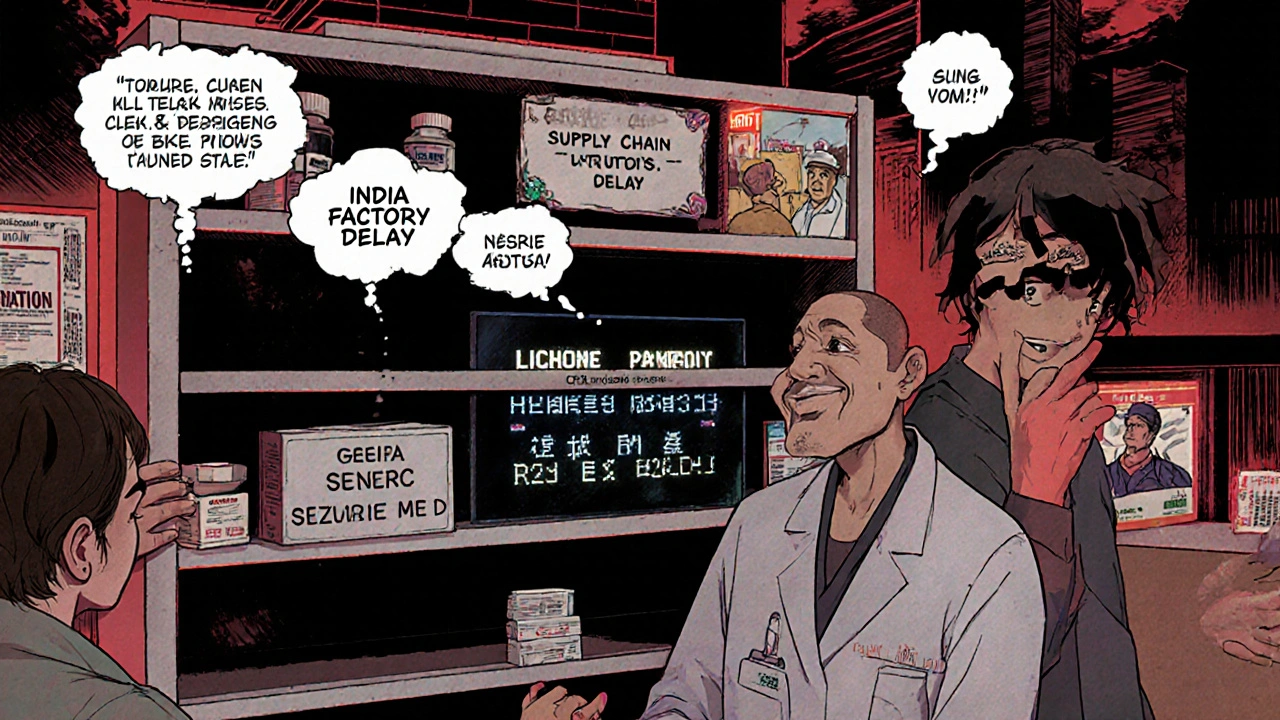 A U.S. doctor faces an empty shelf of generic medication as a patient reaches out in anxiety.