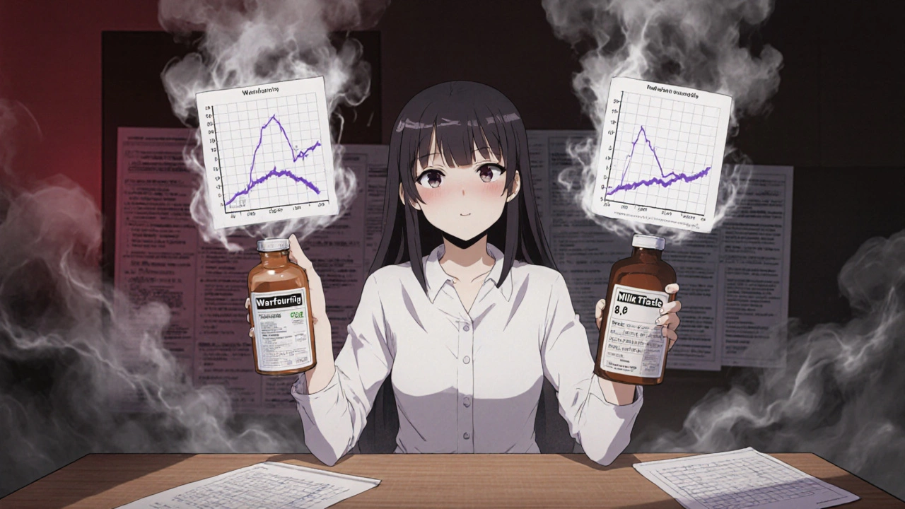 A woman realizing milk thistle is altering her warfarin levels, with spectral INR graphs rising around her.