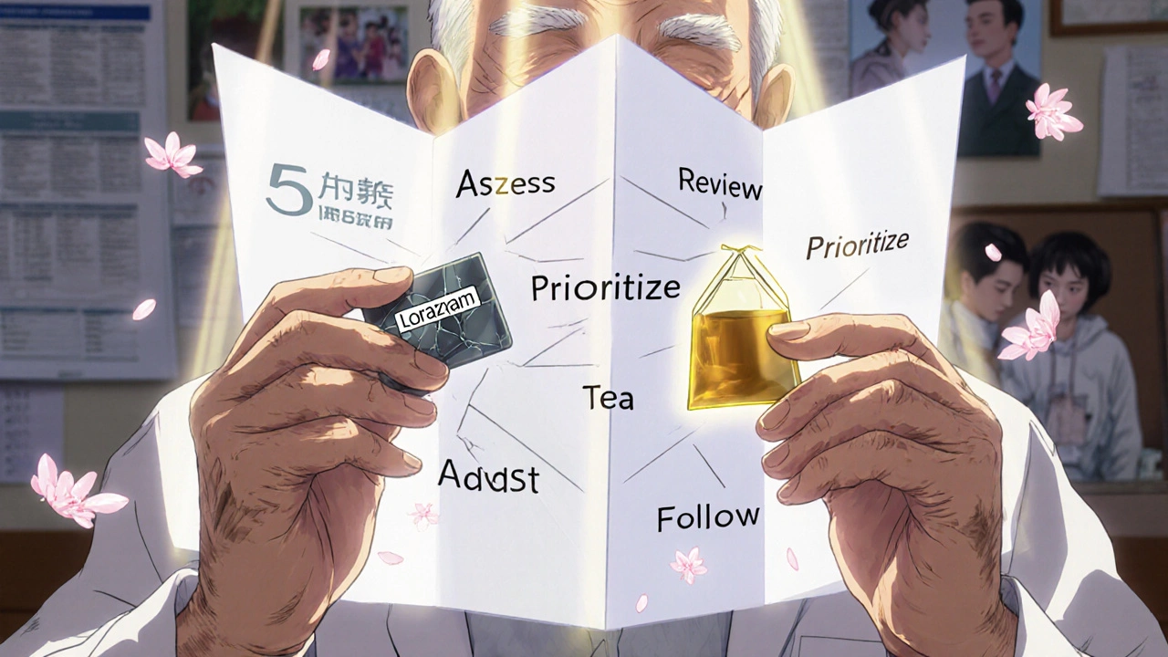 An elderly man choosing between a risky sedative and herbal tea, with a step-by-step medication review framework unfolding like origami around him.